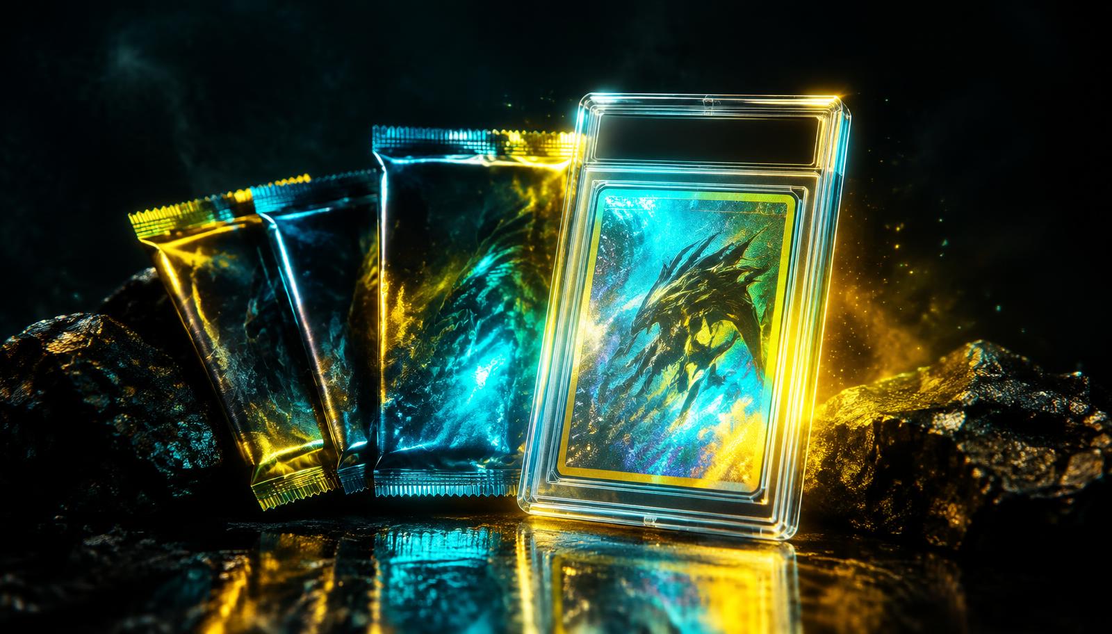 Glowing sealed trading card packs and a graded slab